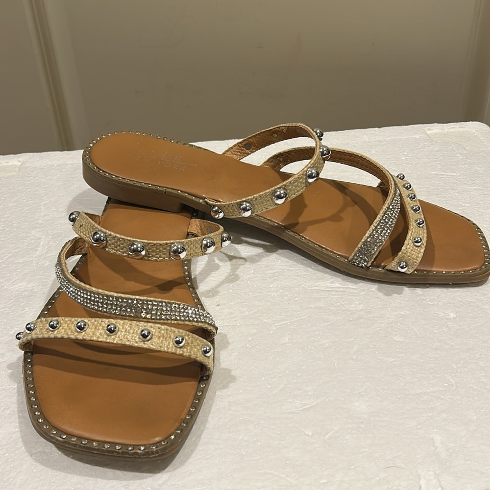 Nicole Miller Triple Straps Round Studs and Rhinestone slip on Sandals size 9.5